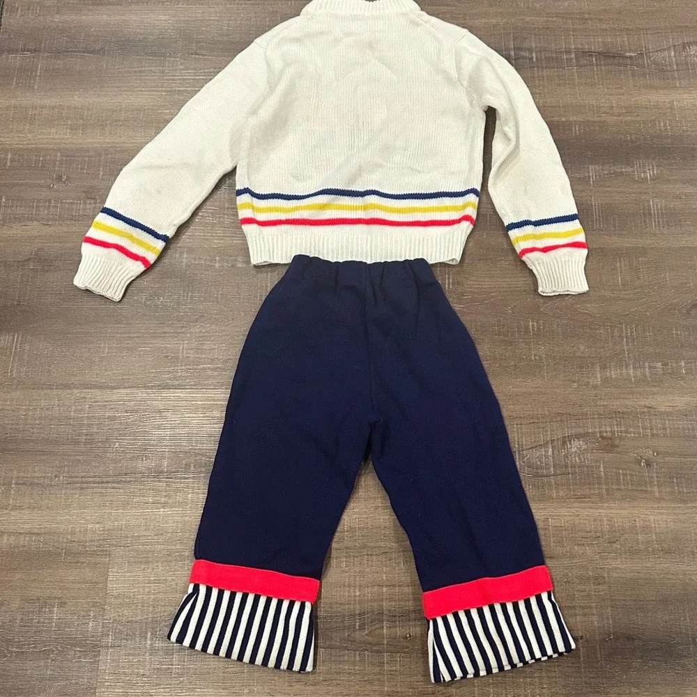 Vintage 3T Bunny Floral Knit Sweater‎ and Striped Flare Pants Set Navy Cream